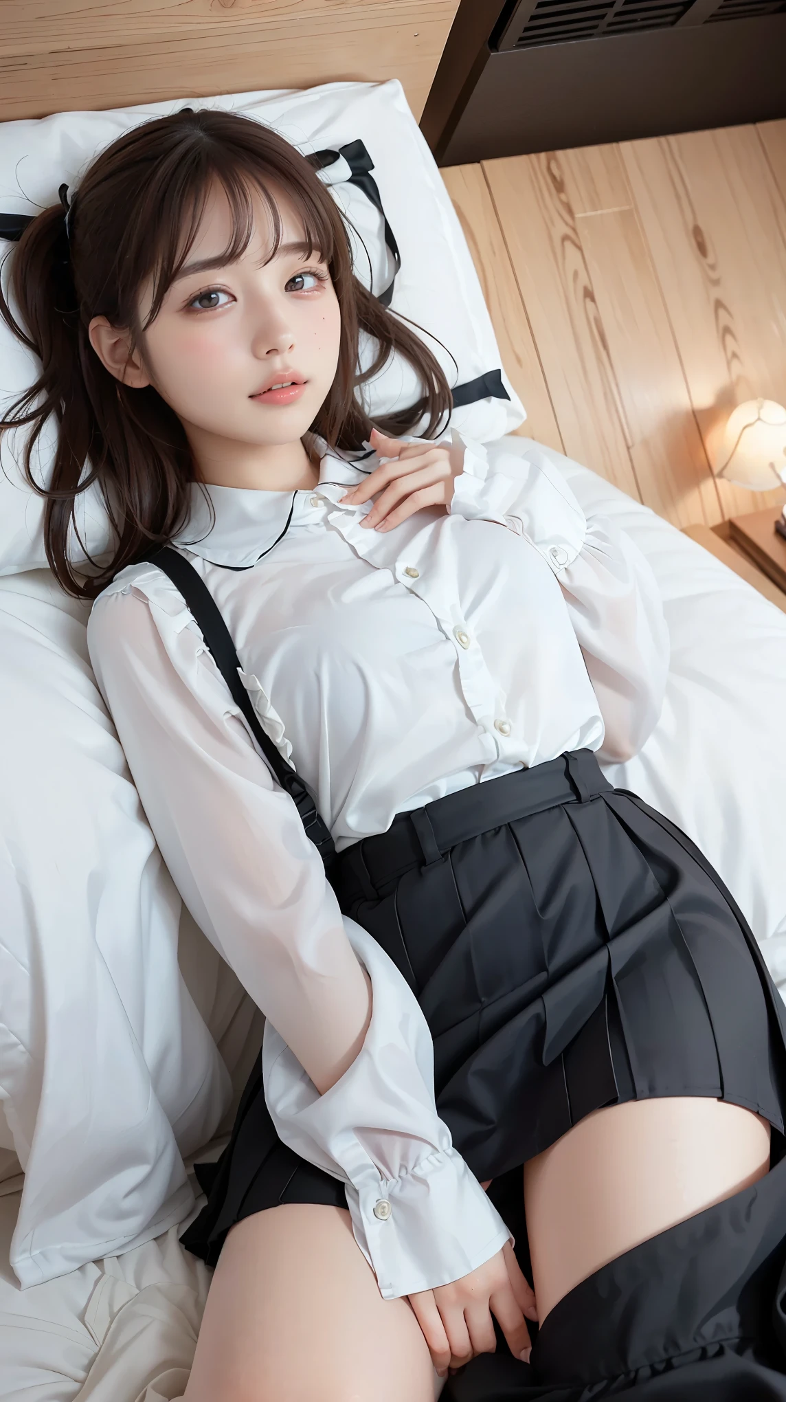 master piece , best quality , detailed , blouse , skirt , sitting , (from front) , bed room , indoor