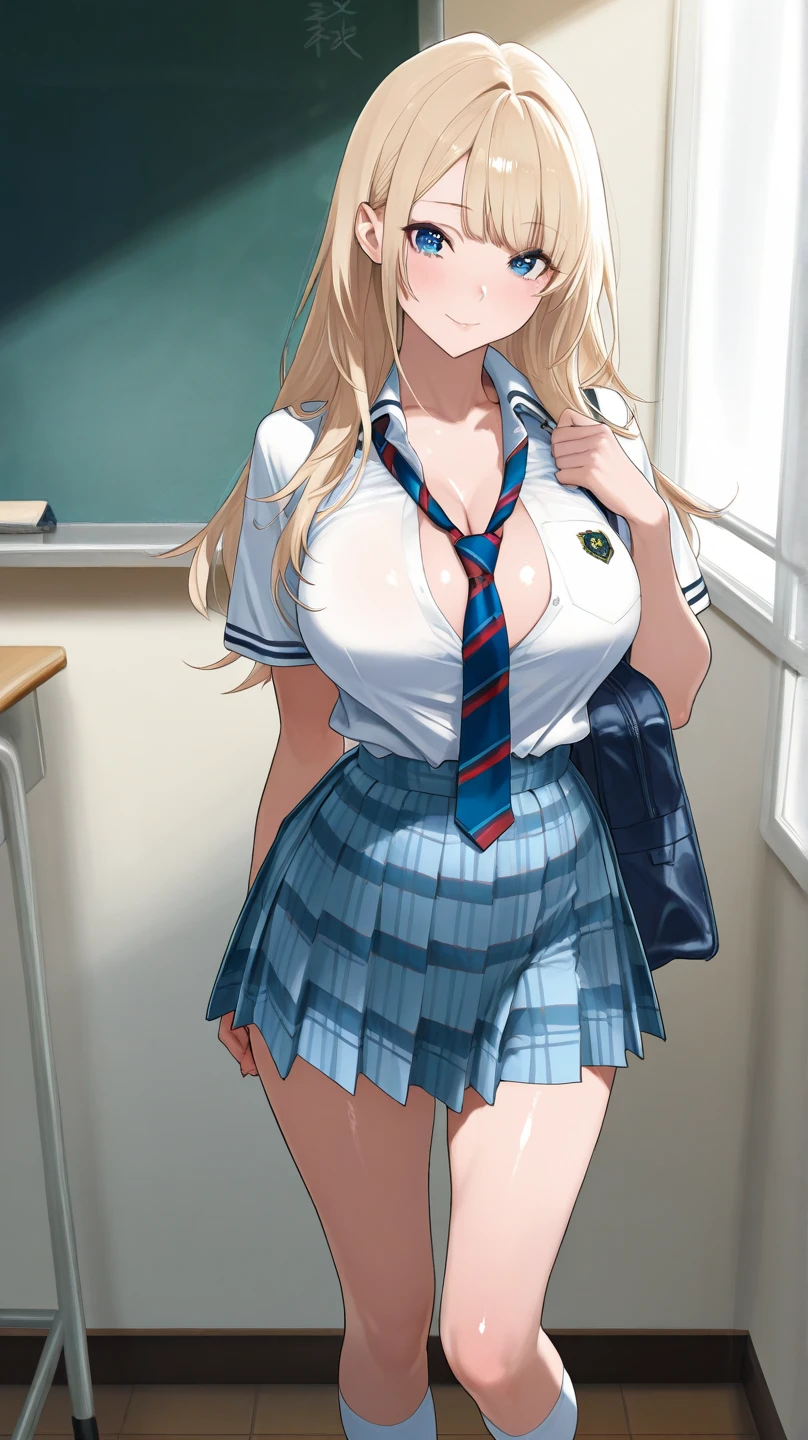 long hair, cleavage, navel, slim legs, blonde hair, skirt, Kitagawa marin, school uniform, class