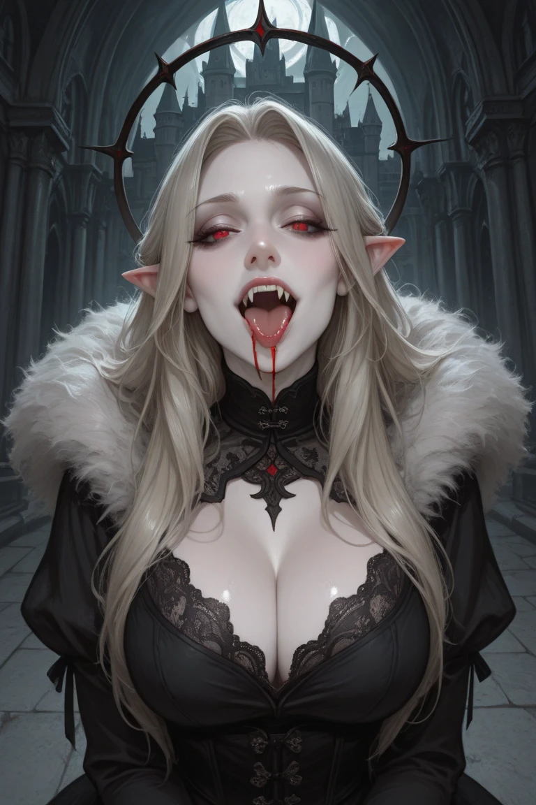 Female monster with long white hair, Eyes red, large size breasts, big mouth with sharp teeth, long tongue, oil painting, six horns ((perfect female figure)), long white hair, Eyes red, mature woman, milf, narrow waisted, gazing at viewer, seductively pose, vampire's teeth,pale skin