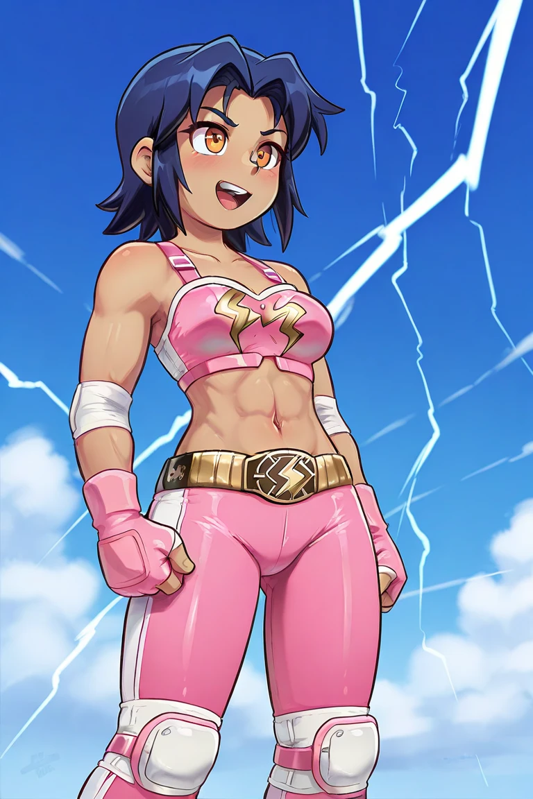 oni,sentai, heroine,superhero, standing, full body, solo focus, smile, open mouth, monstergirl