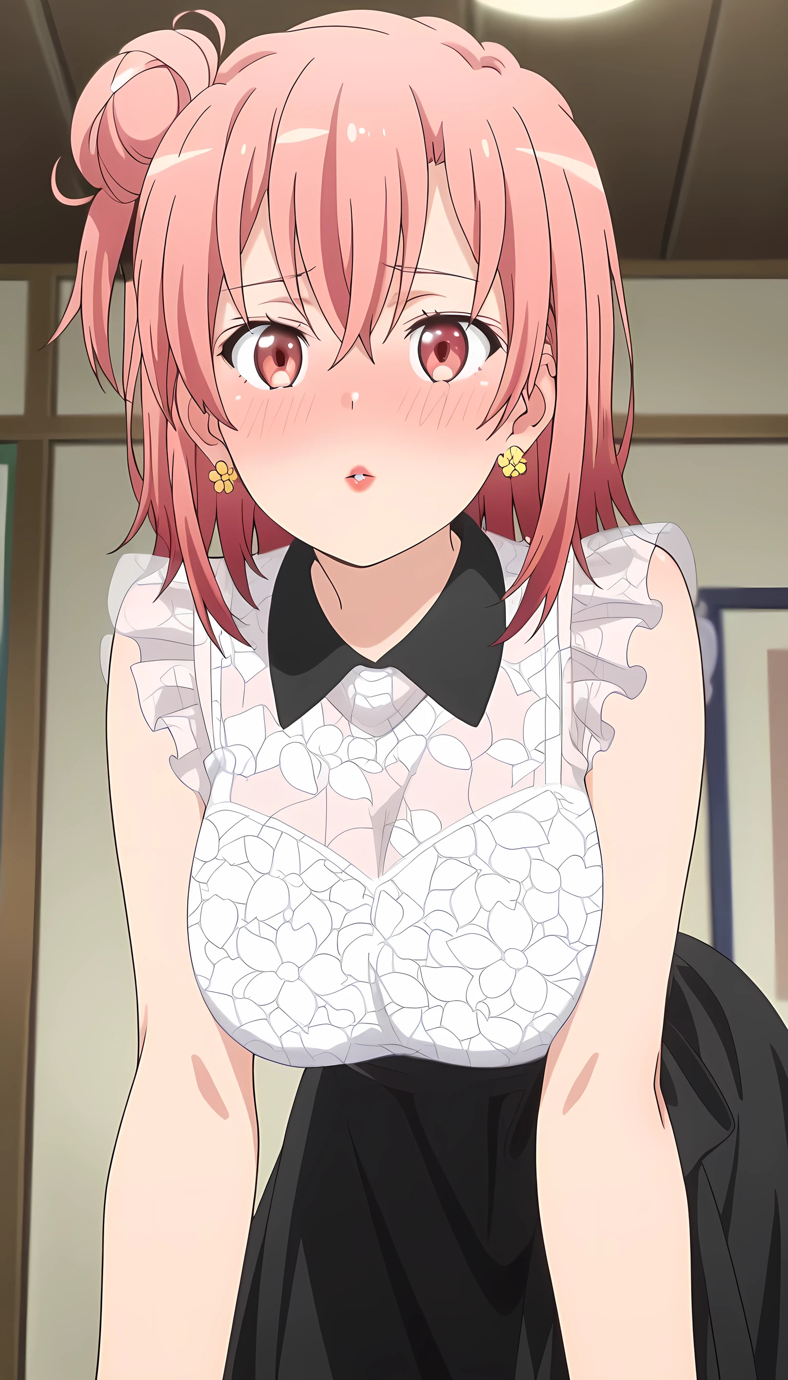 amazing quality, best quality, masterpiece, newest, highres, absurdres, anime coloring, anime screencap, 1girl,yui yuigahama,pink hair,short hair,gradient hair,hair bun,pink eyes,single side bun, very large breasts, medium hair, orange hair, single side bun, orange eyes, hair between eyes, flower earrings, red lips, YuiDress, wing collar, black collar, frilled shirt, sleeveless shirt, see-through shirt, white shirt, high-waist skirt, long skirt, black skirt ,one hand on big breasts, looking at viewer, indoors, pov, facing viewer, (close-up), low angle, cowgirl position, (incoming kiss), blush, embarrassed, parted lips, full-face blush, all fours