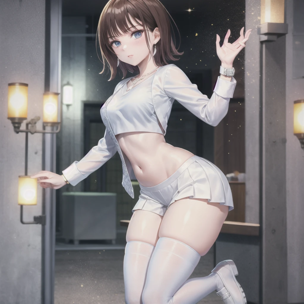 Masterpiece, best quality, happy, blushing, smiling, standing, pleated microskirt, 1girl, solo, sexy body, gorgeous body, beautiful, beautiful legs, from behind