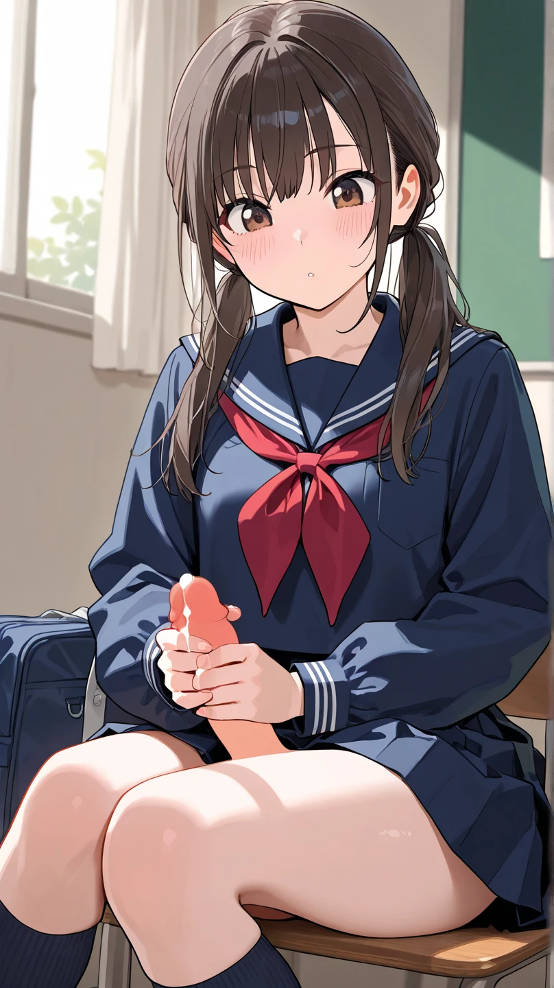 Young elementary school student, black hair, long hair, sweat, small breasts, futanari, ejaculating from a very small penis, masturbation, uniform, nipples, panties removed, smile, nympho, ecstasy, on the train, in front of everyone, peace sign