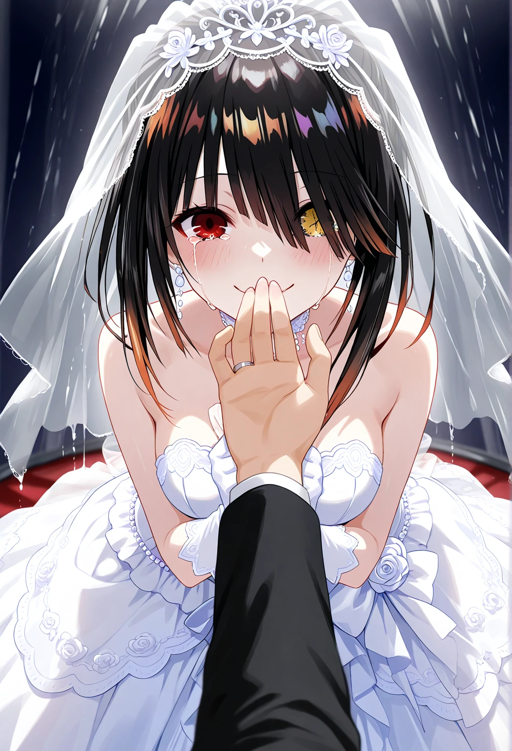 (nsfw),(super fine illustration,8K CG wallpaper,best quality,extremely detailed,ultra high res,best aesthetic),(cowboy shot,from front),1girl ,idolmaster, ((yukimi sajou)), (12yo,beautiful girl),((((beautiful dark orange eyes)))),(((beautiful dark blue hair))), (((midium straight hair)))),(((Blunt bangs))),(wet skin),(sweat),(steam),((flat chests,very small breasts)),((mini)),(petit)),(gorgeous wedding dress:1.5),(wedding veil, white corset, white lace legwear, nipple, white wedding grove:1.3), ,(open clothes),(wet clothes),(first round),half-closed eyes, orgasm face, O-face, blush cheeks, arched back, (vaginal penis:1.2), (a Faceless male), ,(((carrying sex))),hetero, man in below, (intense Sex:1.7), (cum out:1.2),(red carpet),(((multiple boys, peeing on a girl,multiple penises, gangbang, holding penis))),((ecstasy torogao, saliva trail, nose blush,one eye closed,out tongue)),cleavage of the breast,happy,((smile:1.9),((cum on body:1.9)),((cum on face:1.9)),((cum on hair:1.9)),(Bukkake, cum in mouths:1.3),(vulgarity),((wedding chapel:1.5)), (indoor, church, many stained glass window),look at viewer,