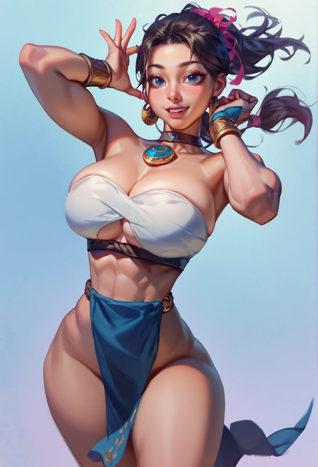 gypsy woman, curvy hips, with light brown hair, with brown eyes, plump lips, a bandanna around her head like how pirates use to do, has a crop top shirt with flared sleeve and a matching flowy skirt, solo, alone, (SOLO)(ALONE)