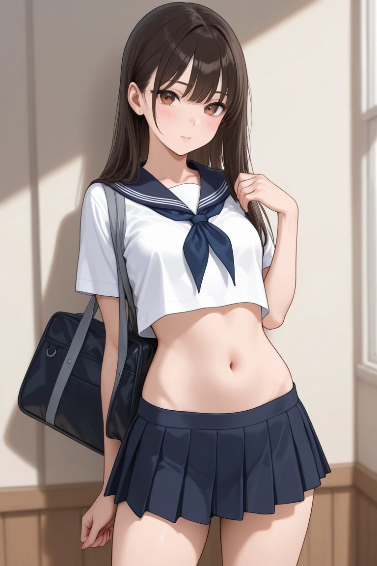 nsfw,alone, (One girl), Elementary school girl,8-year-old, ((White panties)), (wearing only the top half of sailor school uniform),sexy, (Cowboy Shot),  ((arms behind back)), classroom, With a girl：Her hair is long and black, Her face is round and cute, Black Hair, Low twin tails, (Are standing),(Shy, Embarrassing),from below,from the front,(pussy juice),