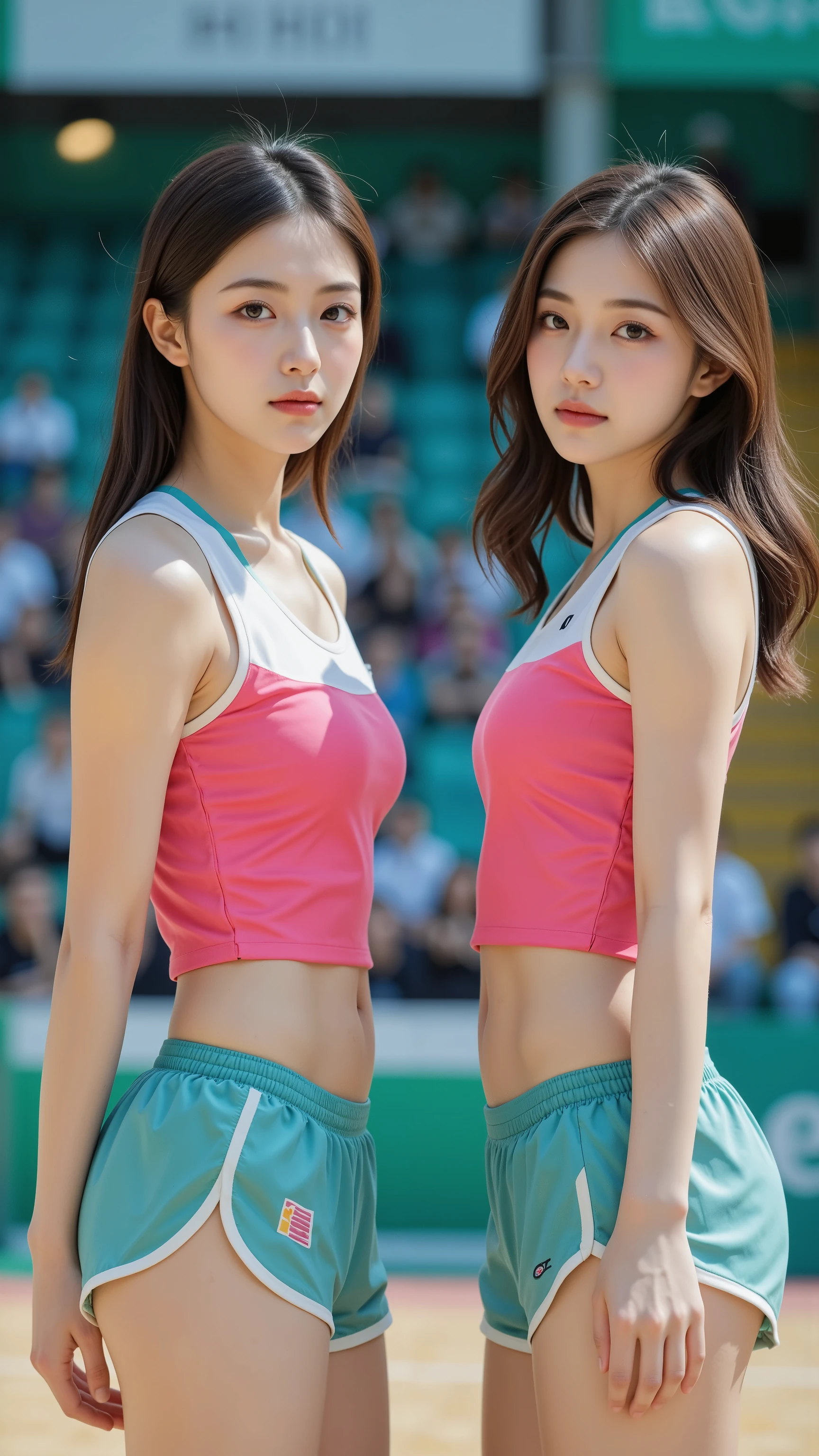 masutepiece、masterpiece、top-quality、ultra-detailliert、hight resolution、hight resolution、8K Portrait、Unity 8k Wallpapers、extremely details CG、Unity 8k壁纸、Highly detailed CG Unity 8k wallpaper、逼真、realperson、cute little、 Portrait photos、shinny skin、high-detail、(sixteen years old:1.2)、(女の子1人)、Beautiful clear eyes、Ultra-fine depiction、delicated face、Lovely lips、skinny body、big breasts thin waist、Thin leg、(track and field:1.6)、(flat chest:1.8)、(Athletics uniforms:1.4)、(nipple visible:1.2)、cute smile face、(Long Wave Hair:1.3)