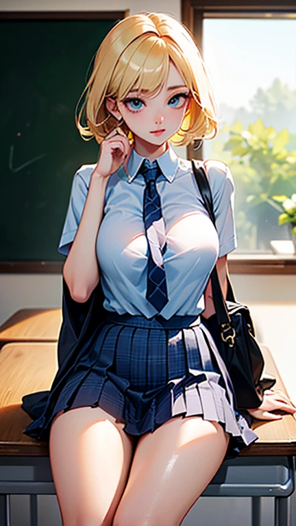 (masterpiece:1.3, Highest quality), (Realistic, photoRealistic:1.4), Beautiful illustrations, Perfect lighting, colorful, Written boundary depth,
Looking at the audience, whole body, Front view:0.6, 1 Girl, alone, Japanese, high school girl, Improve, (Big Breasts:0.8, Big Ass, Captivating thighs, Skin dents),
(Long Hair:1.5, Side Ponytail), Asymmetrical bangs, Purple eyes, Lips parted, (very tanned and shiny skin),
Beautiful Hair, Beautiful Face, Highly detailed face, Beautiful and beautiful eyes, Beautiful clavicle, Beautiful body, Beautiful breasts, Beautiful thighs, Beautiful legs, Beautiful fingers, ((Collared short-sleeved shirt, White shirt, , pink plaid pleated skirt, Black tie)), White panties, Polka dot hair scrunchie,
( Sexy pose), (Captivating smile), evening,sit in classroom,Gal,(Brown Skin:1.5),(blonde:1.5),(View from below),、See-through clothing、Sweaty、Hot Breath、Naughty smile