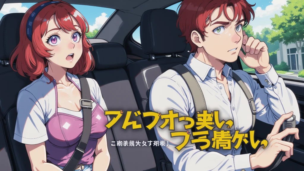 masterpiece , Highest quality , High resolution , A dynamic scene inside a modern car featuring a male and female character. The female is wearing a casual outfit, including a headband, with an expressive face showing frustration, while the male character shows a contemplative expression. Bright daylight filters through the car windows, illuminating their features and creating soft shadows. The car's interior is sleek and contemporary, with a focus on the characters' emotions. The background hints at a suburban landscape. The composition emphasizes the tension between the characters, with a close-up framing that captures their expressions vividly. The overall style is vibrant and detailed, reminiscent of anime aesthetics. The text overlay serves as an intriguing narrative element, inviting curiosity about their situation, suggesting themes of repetition or time loops.