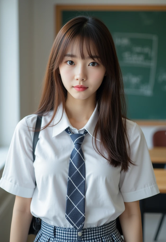One girl、、 (alone)、(Thrust up the chest)、18 year old student、(Sitting in a school chair by the window)、She is in a bad mood、(Super beautiful girl:1.5)、(Large Breasts:1.2)、Tight blouse、(一张细致的face)、Textured Skin、face、Voluptuous thighs、Bare leg hair、(uniform)、high school、classroom、School desks and chairs、Out of the window, I can see the sea, the summer sky, and cumulonimbus clouds.、Heterochromia iridis