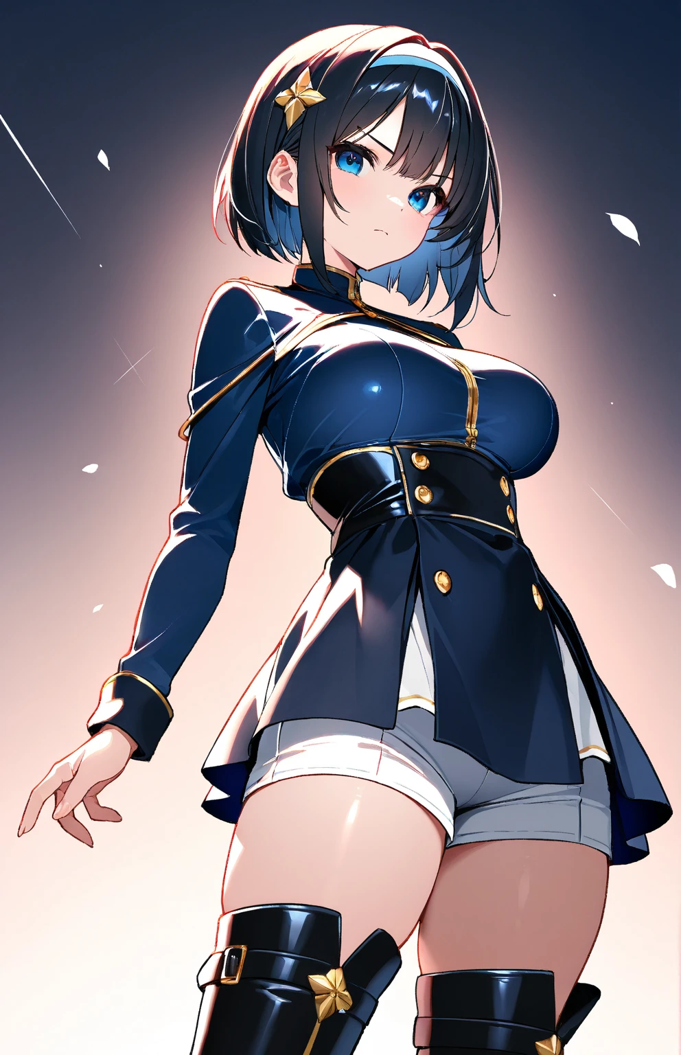 1girl, short hair, pretty face, whitening makeup, blazer uniform, summer clothes, big breasts, short sleeves, piercings, cleavage, tight skirt
