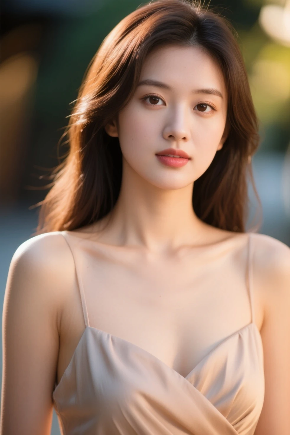 Beautiful 20 year old woman。She is wearing a wedding dress. She is smiling on illuminated by the evening church lights . romantic sunset. her dark brown hair. High resolution、masterpiece、highest quality、頭w:1.0、((Hasselblad Photos))、fine skin、(movie lighting)、clavicle . full body picture.