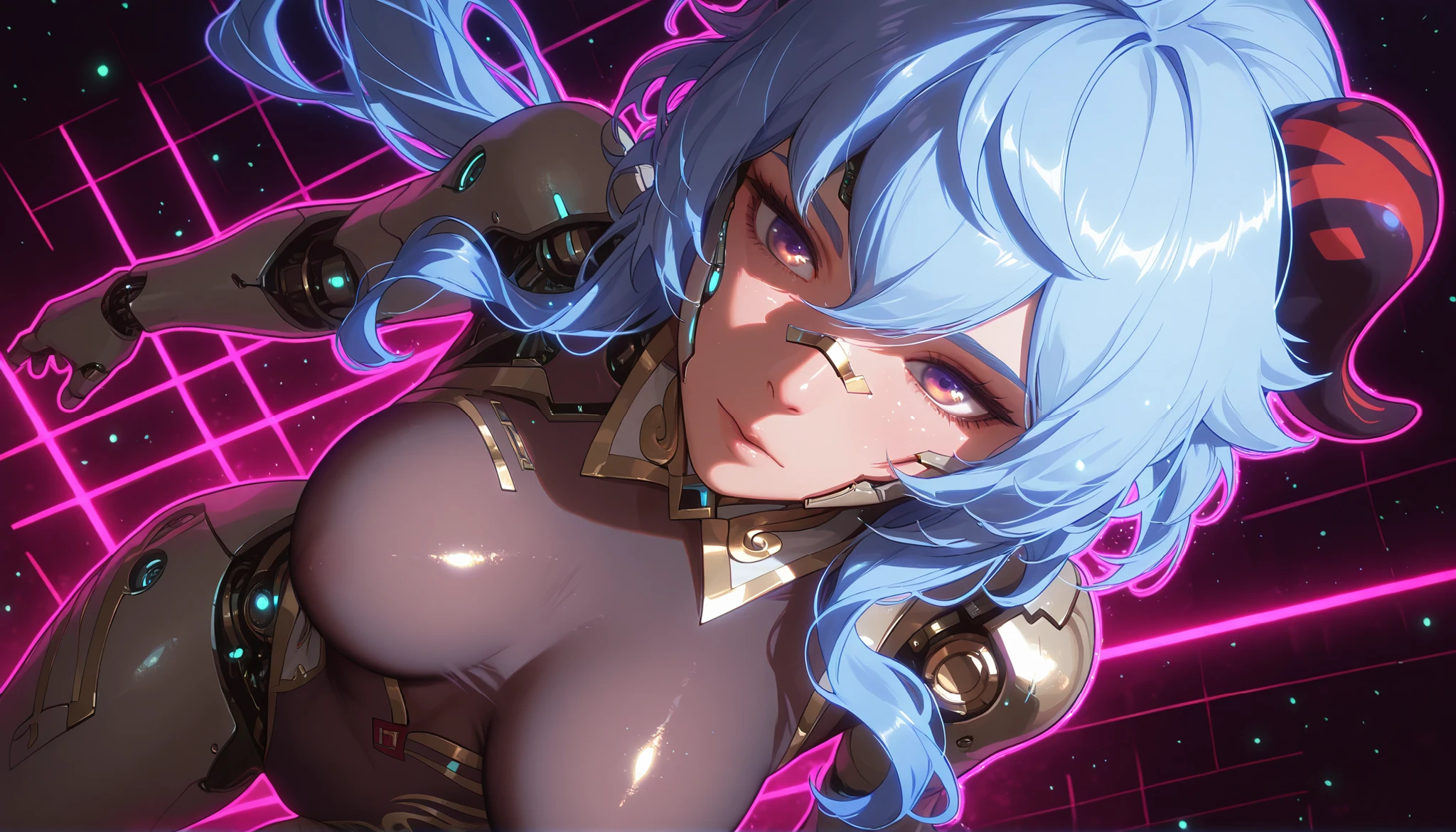 masterpiece, best quality, NLSTN, LDSCH, aesthetic, realistic, , ganyu_genshin_impact, see-through leotard, from above, , dynamic angle, (neon background:1.3), (cyborg face:1.3), (outline:1.3), (particles:1.3), dynamic lighting, detailed, embellished, close-up, perfect , solo