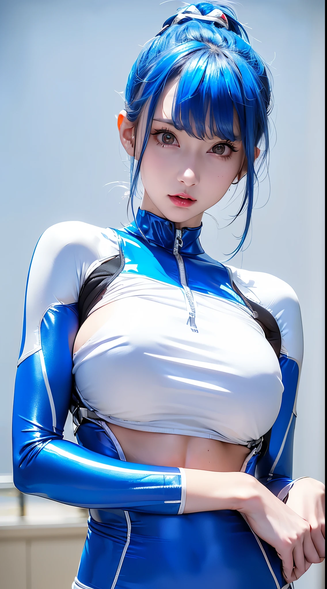 ((Beautiful Face:1.2)),(masterpiece, Top quality, highest resolution, wearing a pink baggy t-shirt clear_ images, detailed description): (Alone, Lonely Girl, the face of Japan, Girl with blue hair, Shortcut, ((upper body:1.2)), Big breasts, Sparkling blue eyes, ((metallic white and blue pilot suit:1.2)), form-fitting clothes, Clothes that cover the entire body, Beauty, and my body is thin, Exoskeleton, sexy pose, heroine, ),((upper body:1.2)) ((Natural huge breasts:1.6))