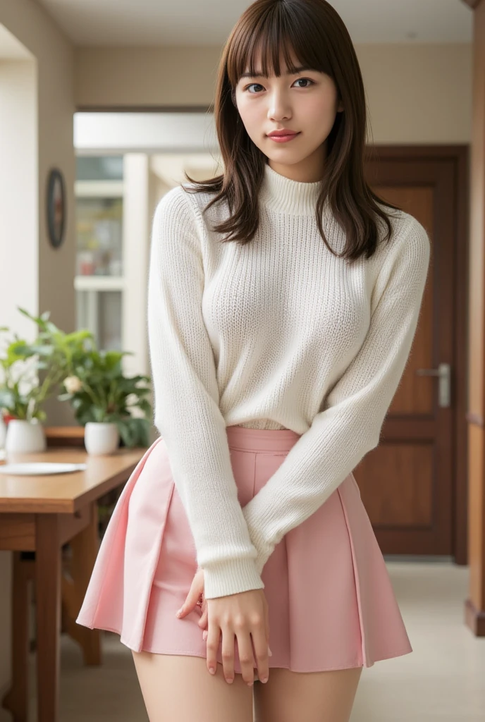 (((Japanese)))(10-year-old girl) ((((10-year-old girlが一人、alone)))) whole body写真 Full Shot short hair Low ponytail whole body Thighs Oversized (mesh)sweater Black pantyhose cute Moe sleeves Long sleeves Hands in sleeves Shot from between the legs Spread your legs Spread your legs Smile and squint Photographing the crotch overalls((Cropped skirt)) Panties visible through the gap