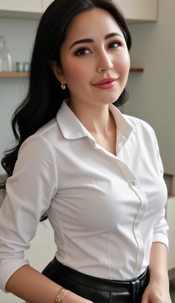 ((highest quality, 8K, masterpiece, portrait: 1.3)), (looking at the viewer), (full shot:0.85), attractive business mature woman, 1 person, a little chubby:0.35, white collared shirt, gray skirt,((big breasts 1.6)) (big pelvis:0.3), (officeの机にあぐらをかいて座っている)), smile:0.2, president'office,good posture、