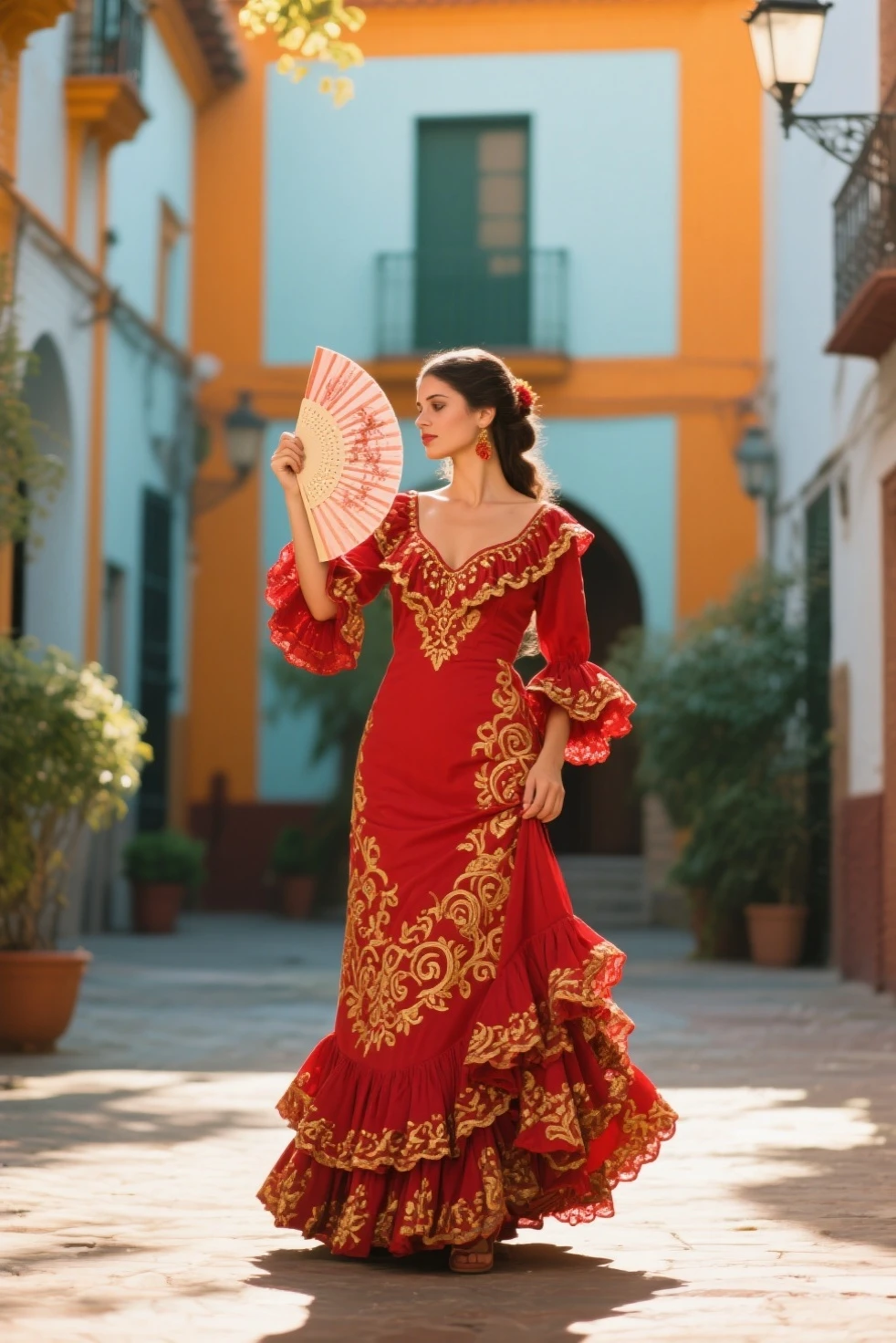 A Spanish woman dancing flamenco, The background is Andalusia, Spain、Perfect Face、Beautiful Face