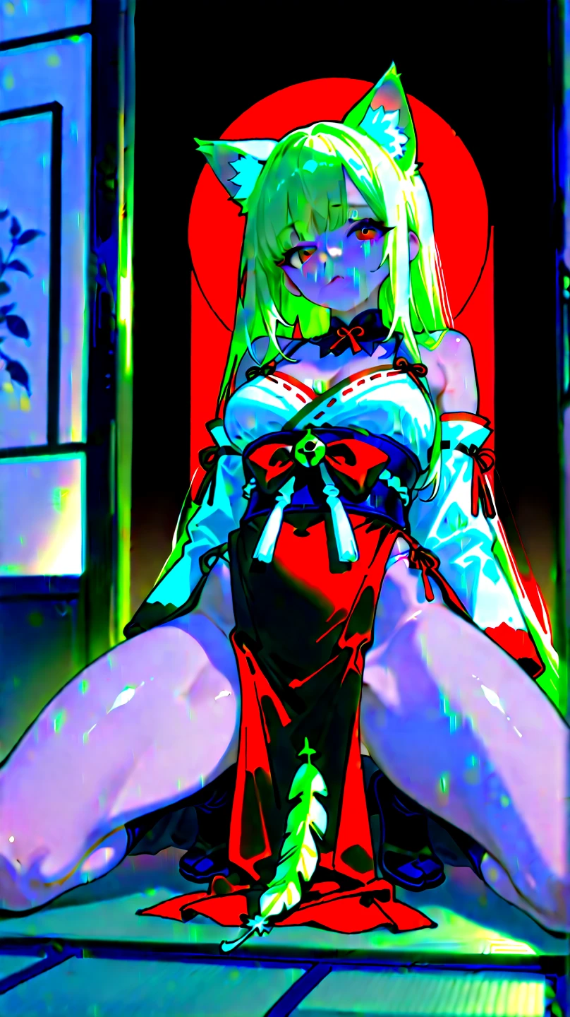 Rebecca, 1girl, green hair, long straight hair, white skin, long hair, colored sclera, red sclera, artificial eye, perfect anatomy, solo, in apartment, night time, bedroom, on bed, large bed, laying on back, (naked:1.2), (legs spread open and apart, hands on bed, feet on bed), (vagina, butthole, and nipples showing)