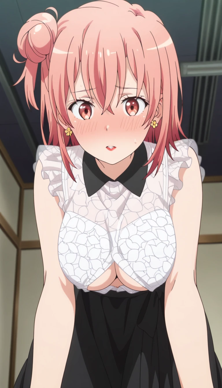 masterpiece, highres, best quality, 8k,MayohiganoOneesan (natsuki,blond hair,sidelocks,pink eyes,large breasts,breasts,twintails,twin drills,drill hair,voluptuous) impossible clothes, japanese clothes,necktie,red necktie,collared shirt, gloves, elbow gloves,maid headdress, black legwear, black gloves, skirt, pink skirt, pink apron,collared shirt,short sleeves,pleated skirt)(maid,waitress)(shiny skin,defined body features,Hourglass body)(skindentation:1) ,heavy eye makeup(facing viewer directly, legs spread, waiting for orders, looking at viewer, hands to her sides,squared shoulders,upright) ( she is scared, blush) (sitting in a gundamwingcockpit:1) (sitting at attention, squared shoulders)(holding on to joystick:1.2) legs are spread (turning directly towards viewer, body towards viewer)    