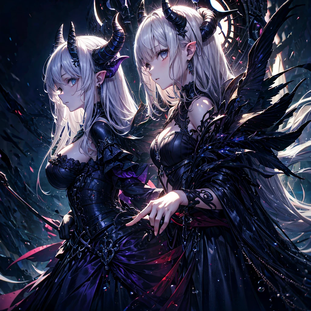 (((((horror illustration))))), ((fantasy illustrations)), (((masuter piece))), ((dynamic nail))、((olhos vermelhos brilhantes))、 ((Muitos monstros))), (SPIRITS)、(Monsters walking side by side at night)), (((Antecedentes detalhados))),Kuchiki、 (((best quality))), (((best illustration)))、 (((Melhor sombra))), (((extremamente delicado e bonito)))、 (luz de fundo)、((extremamente delicado e bonito)), (((Uma noite escura)))、 ((vento)), (luar), (((2 succubi)))、 Vampiro、succubus、 com asas grandes como um morcego,,,,,,,,,,,、(unhas pretas)、(Garras longas)、(Rosto esguio)、 seios grandes, (((Presas crescem))), ((sangramento dos olhos,,,,,,,,,,)),olhos vermelhos、 (Meio Updo / estilo superior)、 ((cabelo longo preto)), (cabelos brilhantes), (((Red Eye Pearl Jewelry)))、 (detalhe fino)、 (((Olhos desdenhosos))),Seios colossais、 (((luar))), Abundant flowering, (((Four seasons double々A beleza de)))、 (madeira morta)、(flores murchas})、Portas assadas、(((sedutora)))