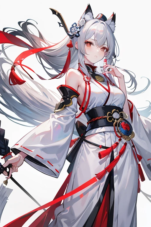 High resolution、Girl、Silver Hair、Long Hair,(),Lion ears、Grey Eyes、Slender、Toned body、Samurai,fencer,Tattoo,
