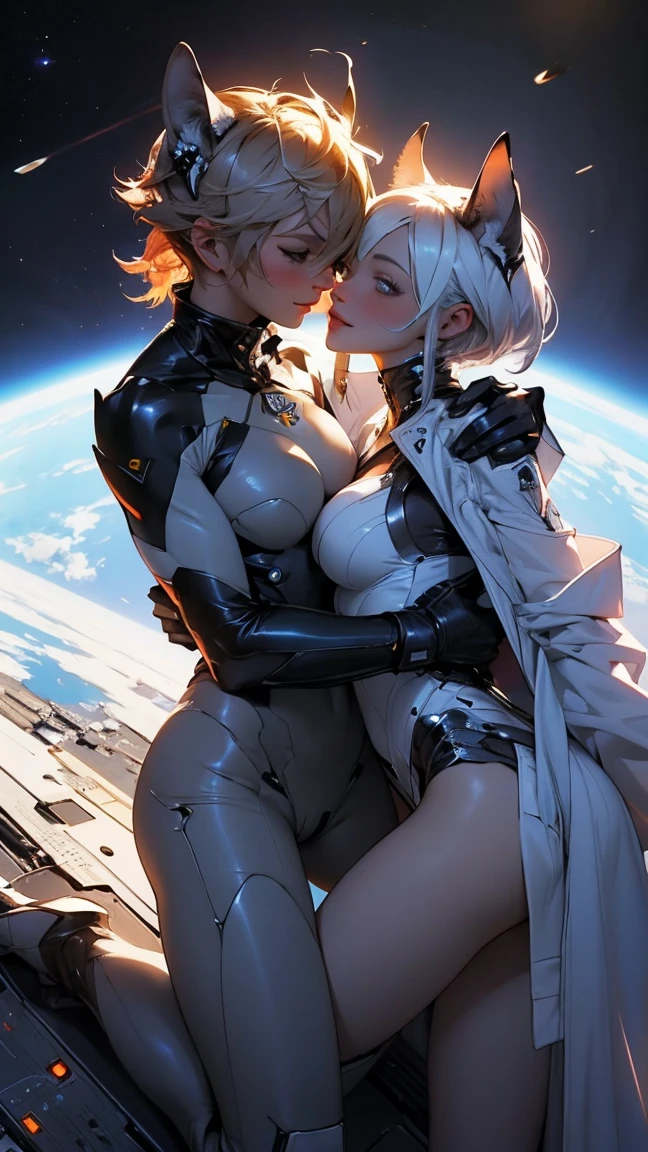 ((Simon Bisley)), 2 Beautiful 30-year-old women kissing, (((lesbian kiss)))), 30 years old, lesbian, in love, muscular and perfect body, two Valkiria warrior from a medieval era, with little clothing, tiny thong, large breasts, generous neckline, full body, pulling hair, grabbing the ass, undefined race, fantastic art armor, light hair fulfilled straight, brave face, dark kingdom, Sexy pose, on a moon and hazy night