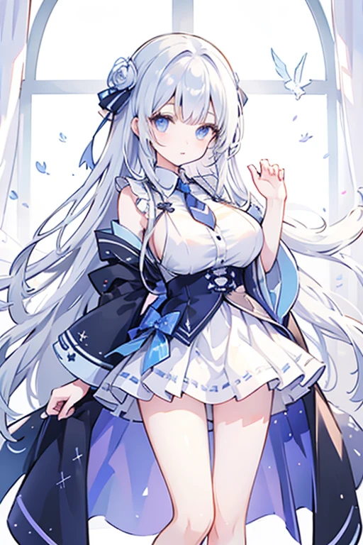 Portrait of a girl with long silver hair、Sleeveless, High collar white button front shirt、Large ribbon、Dark blue large cameo with golden border and white female silhouette、Navy blue high waist flared miniskirt with bustier、Underskirt with plenty of white lace、White socks above the knee、Bursting smile、Redness of the cheeks