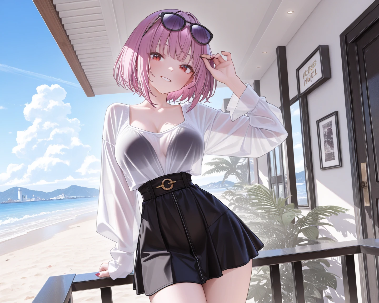 realistic image, coherent image, detailed image, 1 beautiful girl. She has braided purple hair that goes behind her back and a hairpin on the right side of her. Pink violet eyes, long eyelashes. Her face is oval and delicate. smiling seductively. She is wearing a sleeveless top, showing her navel, pleated mini skirt. She has a curvy body, big breasts and thick thighs. She has her arms hidden behind her back, showing her breasts. view of her full body. cherry petals falling. natural lighting in front, volumetric lighting