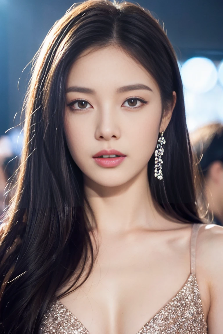 ((top quality, 8 thousand, masterpiece :1.3)), (beautiful body:1.2), very detailed face, detailed eyes, double eyelid, smiling face, long hair, She is one, Big beasts,open shoulder fantastic dress, famous street in korea, huge indian street, (korean club dresses:1.4)