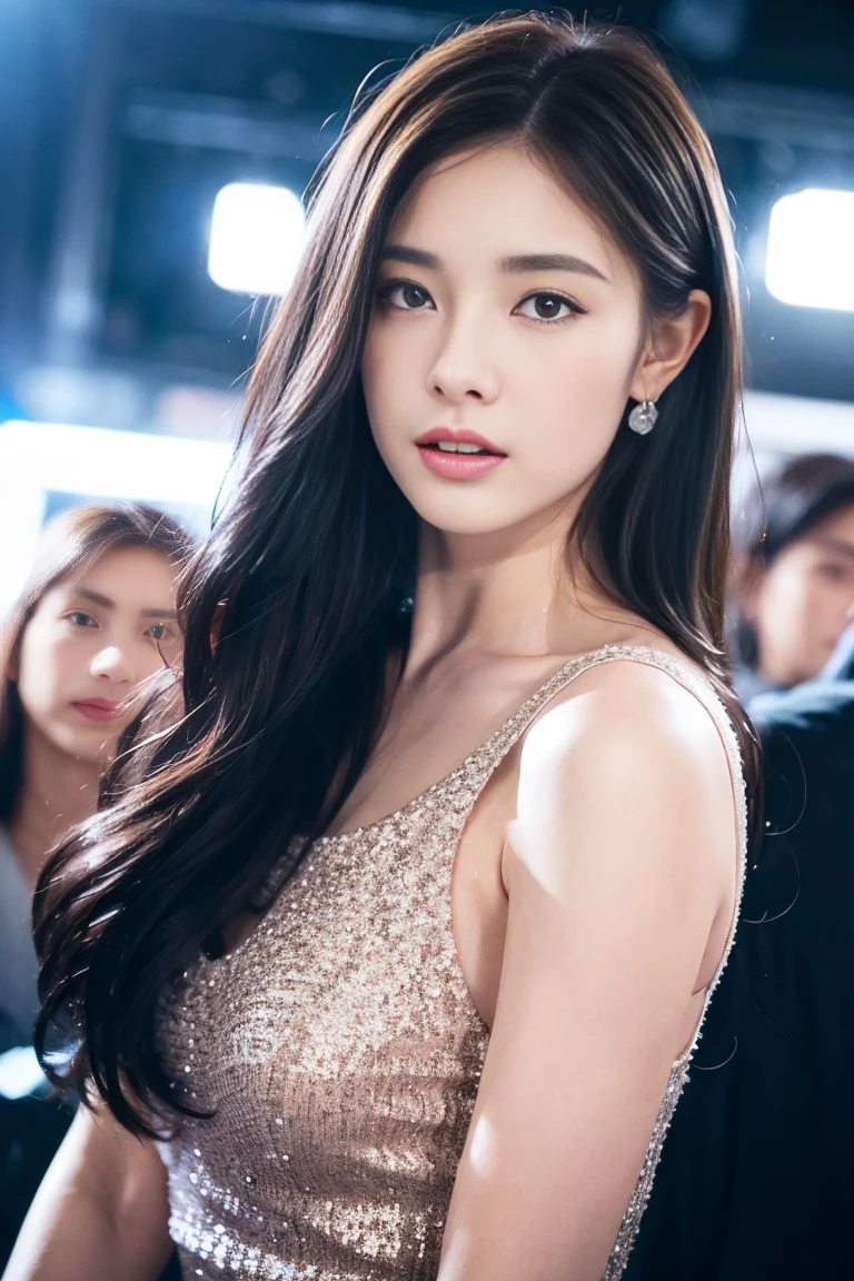 (highest quality,10,10,High resolution,​masterpiece:1.2),super detailed,realisti:1.37,Specialist,A 19-year-old girl with long black hair, Flowing hair and a strapless shirt in metallic grey, And wear a sarong., Symmetrical shape,The fingers are beautifully proportioned..,bright colours,bokeh,studio light,Portrait painting, 1 girl、smile