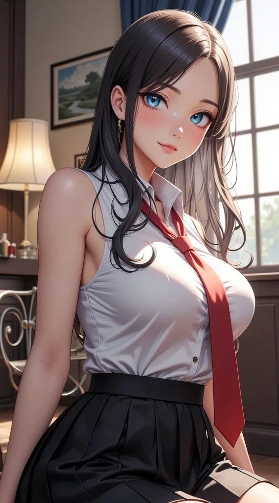 (best quality,4k,8k,highres,masterpiece:1.2),ultra-detailed,(realistic,photorealistic,photo-realistic:1.37),ponytail,black hair,high school girl,mini skirt,bedroom,sunlight,bright colored clothes,slightly exposed necklin, White camisole、Bright blue miniskirt、Looking down at the camera