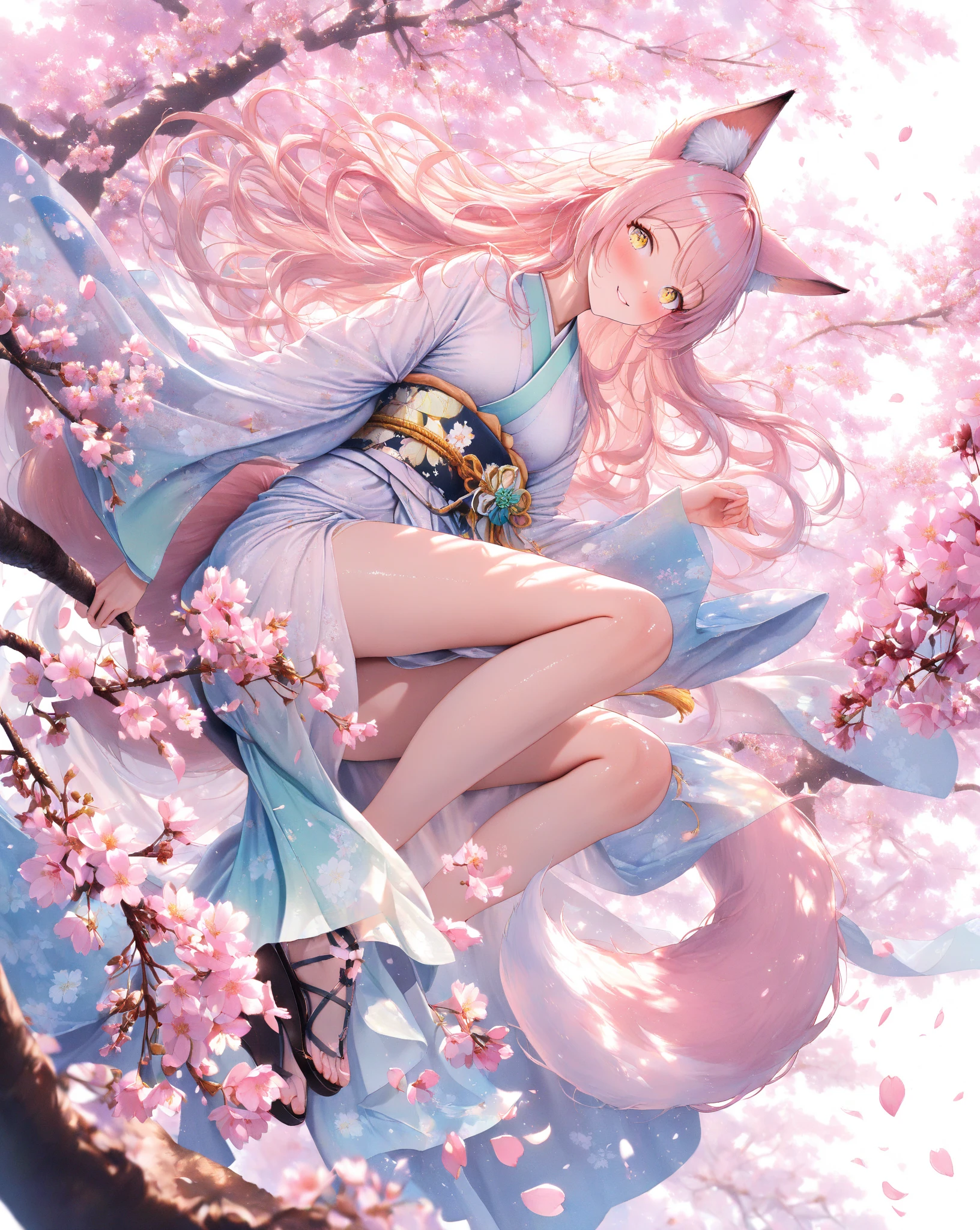 A mystical female figure with long, flowing pink hair and fox-like ears poses gracefully in a serene water setting. She wears an ornate, light blue kimono adorned with a colorful bow at her chest. Surrounding her are vibrant cherry blossom trees and ethereal, translucent creatures, adding to the dreamlike atmosphere. The background features a waterfall cascading softly, with petals floating gently in the air, creating an enchanting and tranquil scene.