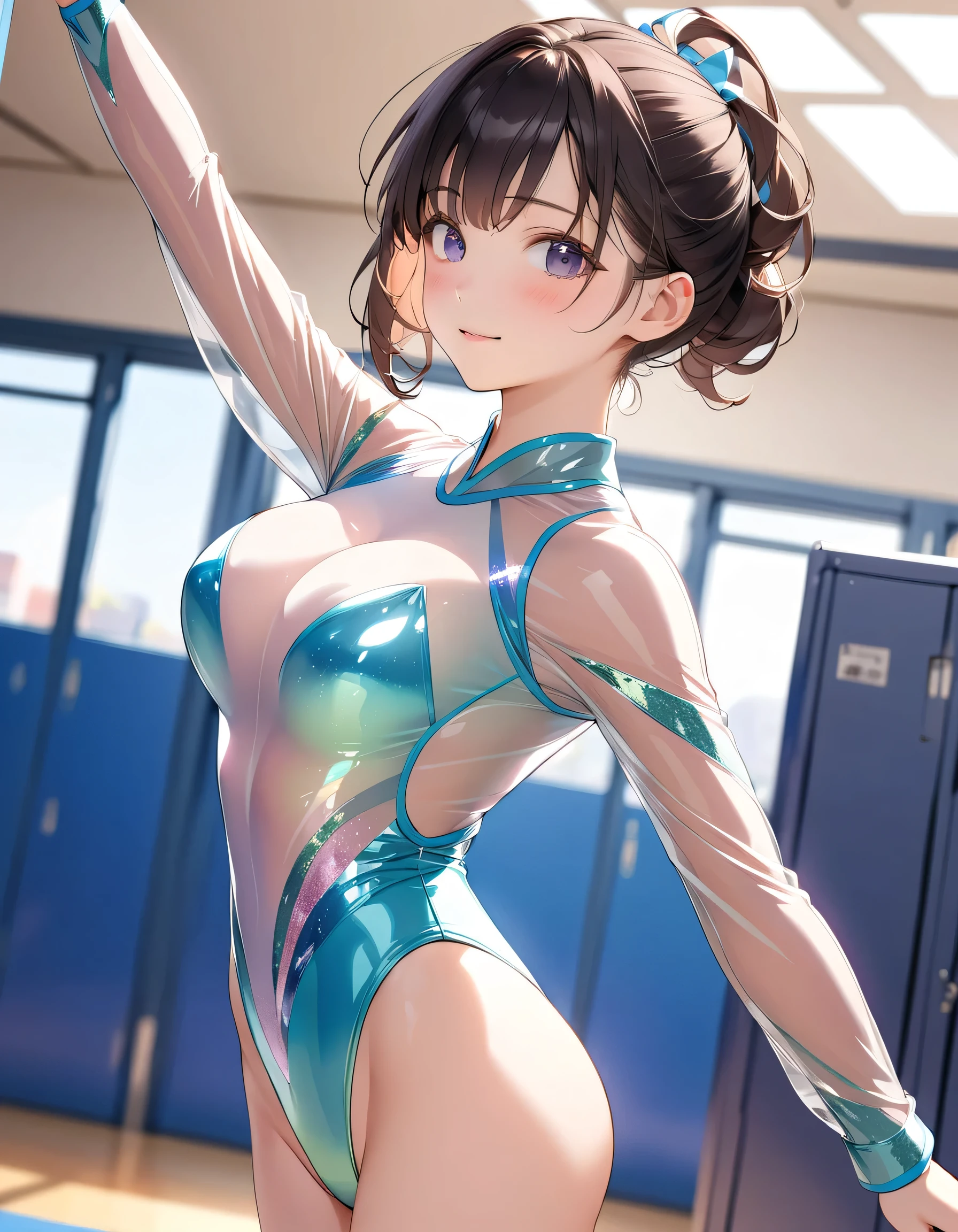 highquality illustration, masterpiece, very delicate and beautiful, attractive girl,(gymnastics leotard, Floral patterns leotard,long sleeve leotard with glittery decoration,high_leg leotard,athletic leotard,tight-fit leotard,iridescent gradient leotard,long-sleeve leotard),thin,slender body,slim,high school,gymnasium background,gymnastics club,gymnastics athlete,princess, beautiful eyes,light smile,(masterpiece, best quality:1.2), highres, extremely detailed CG unity 8k wallpaper, perfect lighting, Colourful, ultra-high res,4K,ultra-detailed, photography, 8K, HDR, 17 ages, full body,