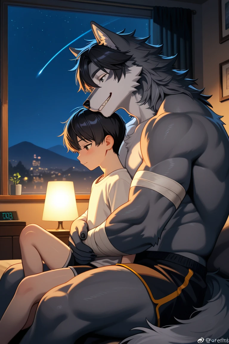 A pair of handsome men hugging each other looked at each other affectionately. Look at each other lovingly,4K high resolution, Best quality, Masterpiece, perfect colors, perfectly shaded, Perfect lighting, Furry, anthro, Furry art, Male wolf, gray wolf, (two-toned fur), hairy bodies, Blue eyes, (Seductive look:1.2), fit body, perfect male figure, Wear men's shorts,Abs，musculature,Detailed fur, Detailed face, Perfect face, (The stands up), Detailed background, ((Bonifasko lighting)), Wolf tail, (Detailed eyes), perfect pupils,full bodyesbian，Warm picture，The setting is evening at night