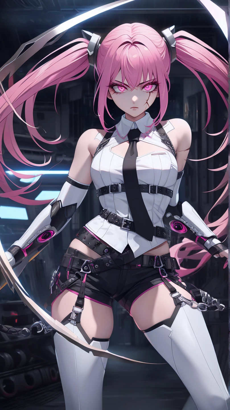 28 year old female, panicked look on face, (long pink hair), athletic, long skinny legs, medium perky breasts, (skimpy pink panties), (black bustier), (black stockings), (black garter belt), (black garters), (black boots), standing, (holding an iPad:1.5), in an alleyway, close up on face