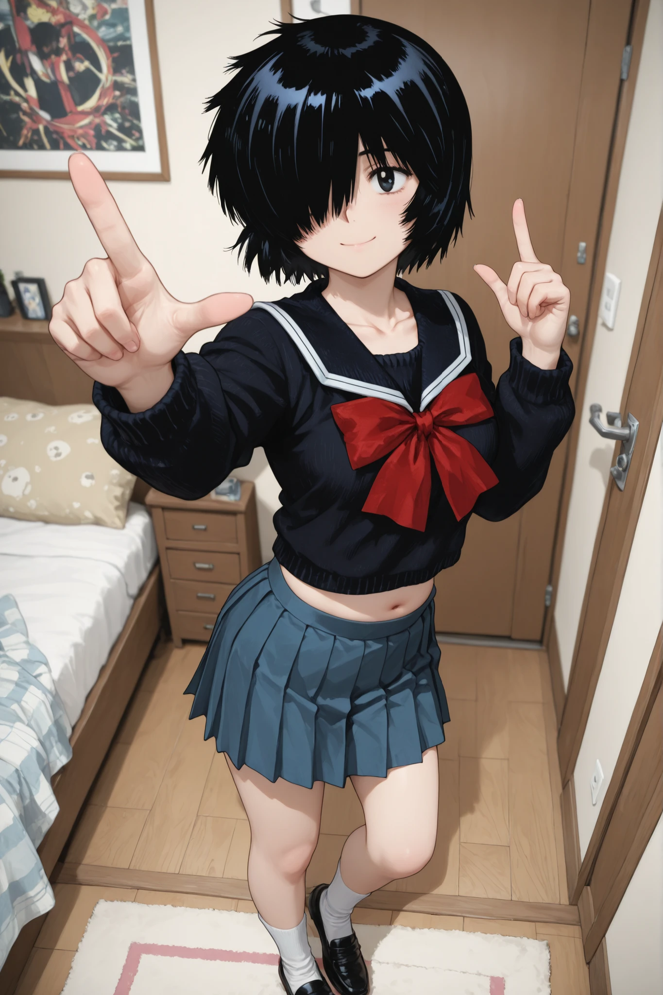 1 girl, urabe mikoto, blue pleated skirt, collarbone, shoes, belly button, underwear, sweater, socks, short hair, school uniform, serafuku, hair over one eye, black eyes, standing, home, in living room, looking at viewer, sexy, attractive, sensual, perfect hands, pointing index fingers, dynamic pose, dynamic angle, cheerful smile, happy expression, best quality, masterpiece, ultra detailed, very aesthetic