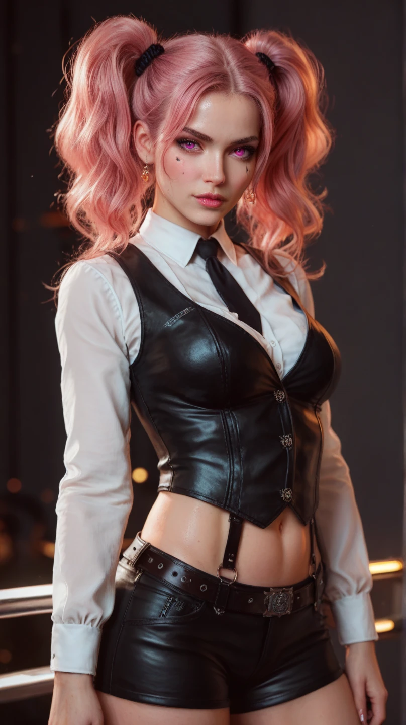 coral hair, shirt, jacket, garter belt, pencil skirt, camel toe, choker, fishnet stockings, leather and lace