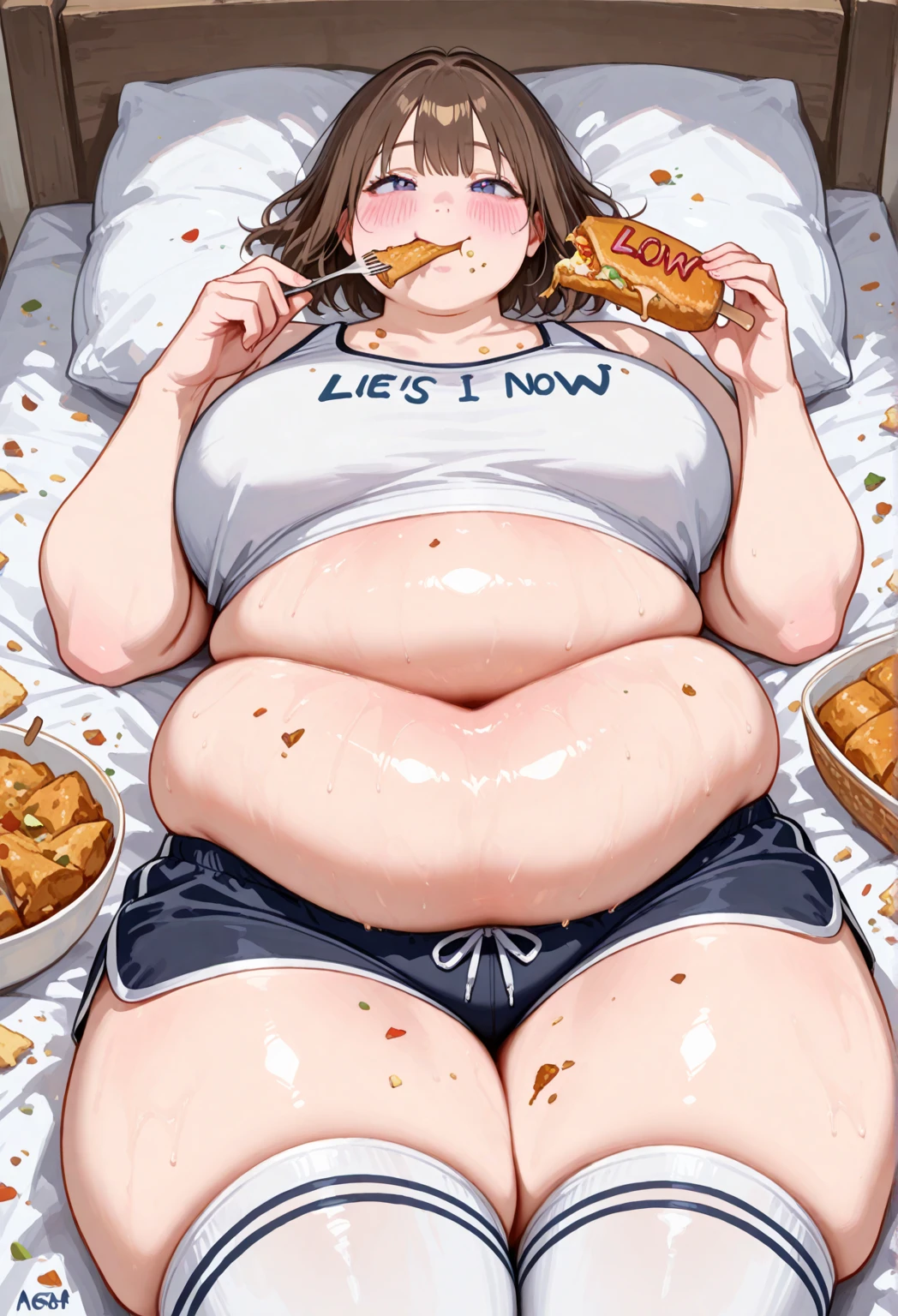 Wii fit trainer, White skin, crop top, ponytail, Blue panties, midriff, eating junk food, obese, obese belly, wide hips, clothes ripping, big breasts, lying on bed