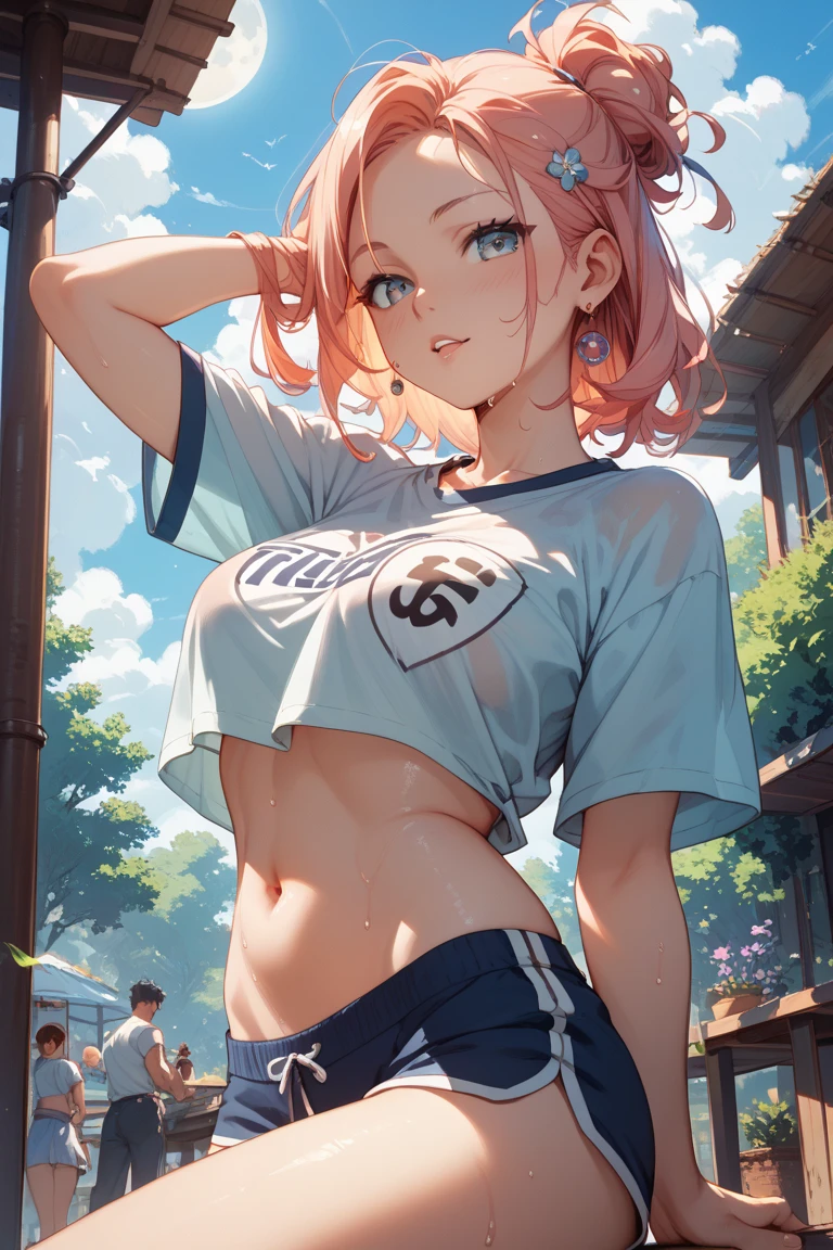 ((Sports magazine cover photo)), (masterpiece), (best quality), (ultra-detailed), (highest quality), (2.5D), (1 girl), very delicate facial expressions, erotic, only sexy woman, healthy figure, (windmill shaped tattoo on the left shoulder), ((22-year-old woman)), 170cm tall, medium firm swaying breasts, (short hair), (pink hair:1.5), pink and salmon pink, ((streaked hair:1.9)), (highlights hair: 1.6), blunt bangs, red eyes, (thin thighs), (camel toe:0.7), (visible nipples:0.7), (Erect nipples:0.7), (hooded jacket), (bare shoulders), (denim shorts), facing straight at viewer, (((in heat))), ((dutch angle)), ((erotic pose)), stretching by the field in midsummer
