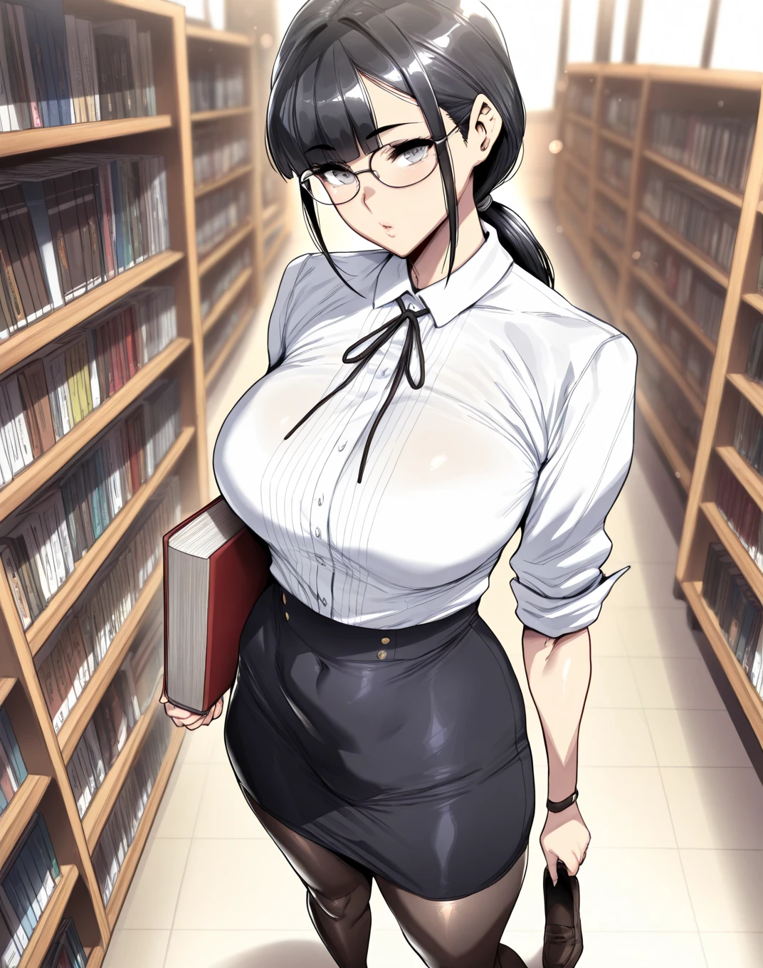 (library)、Super detailed illustrations、Super precise expression、masterpiece、highest quality、ultra high resolution、high resolution、(Sweat、body fluid)、shiny skin、(black hair、long hair、Braid、glasses)、shirt、Standing picture、skirt、hands behind、