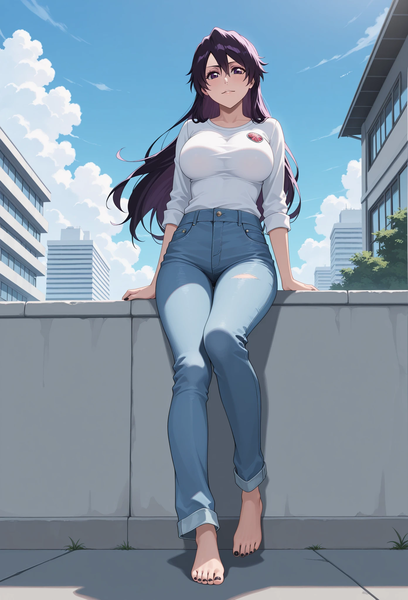 giantess, ((A giant lady bigger than a continent), Woman stooping, mamiya_kantaicollection, huge breast, Mature Woman, big ass, denim, shirt, low angle, View from the womans feet, Great impact, Very small city, city, Woman sitting, Woman about to sit down, Woman sitting on the ground, Woman sitting on the ground in the city, Broken Building, Destroyed town, Smoke from the buttocks, Dust, Big cities, Background of the metropolis, A giantess sitting in the biggest city on the continent, Super huge girl bigger than a continent, from below, panorama