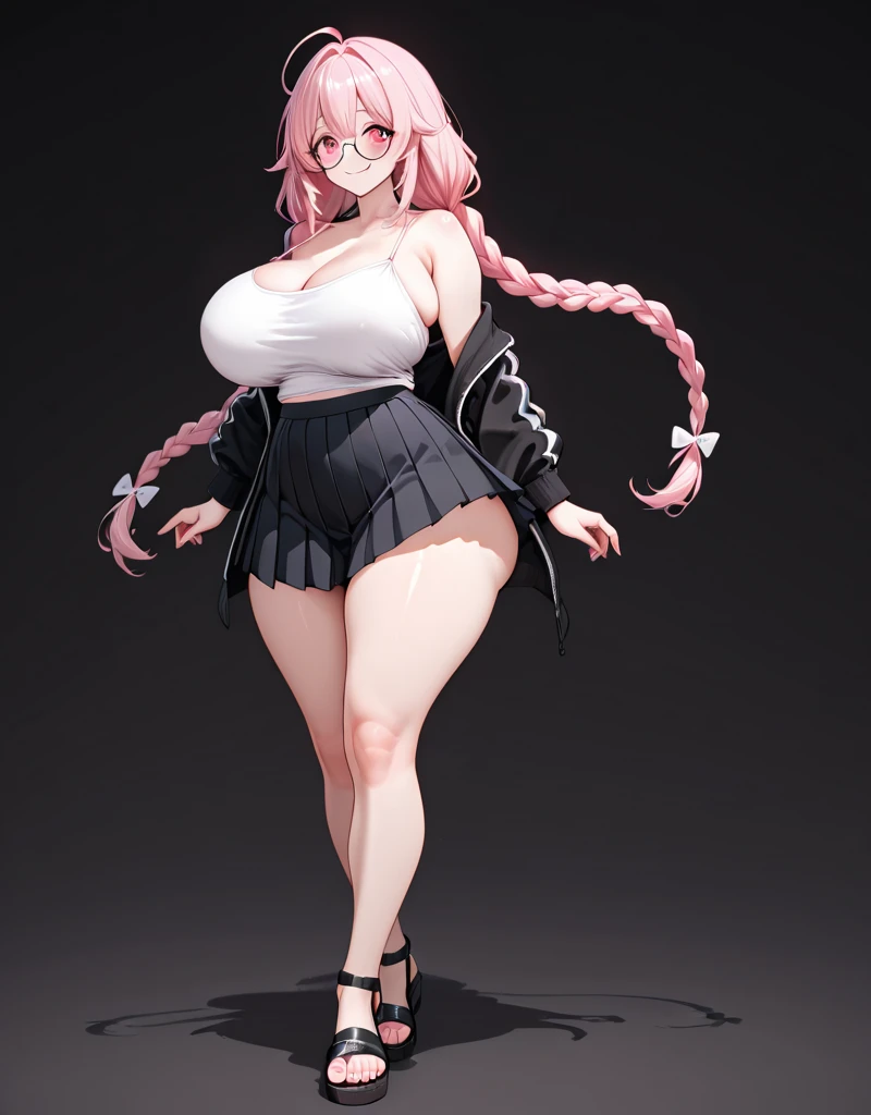 Long pink hair, Japanese, adult, gigantic chest, tight clothing, leggings, exposed shoulders, big thighs, sadistic grin, gigantic thighs, bodysuit, cleavage, white clothing, ninja, (full body:1.3), directly in front of viewer