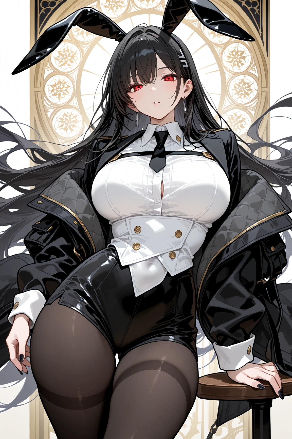 {pant suit}, ((black pant)), black suit, chest harness, black business suit, black vest, cameltoe, (( black business shirt)), red necktie, red stall, gold buckle belt, black hair, long hair, tall female, lip gloss, red lips, latex, Sheer black shirt, red necktie, red eye, long coat, thick thighs, bangs, red nail, red gem earrings, huge , big ass, enormous breasts, plump, (thigh belt), muscular thighs, gigantic breasts, shiny clothes, detail face, gold buckle belt,