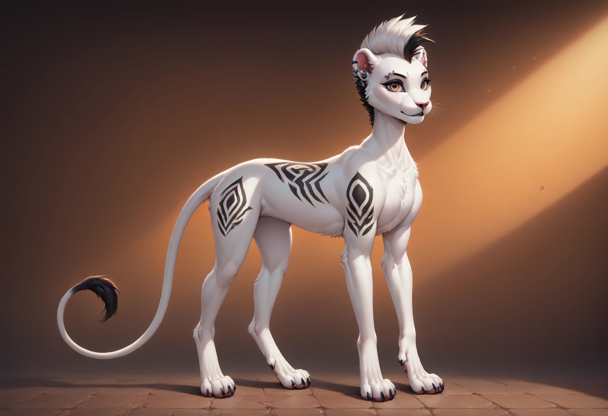 score_9, score_8_up, score_7_up, masterpiece, detailed_eyes, high_quality, best_quality, highres, absurdres, 8k, subject_focus, depth_of_field, best quality, solo, ((feral)), Zaffa, lioness, black and white hair, white fur, fluffy fur, detailed fur, black tattoo, lioness tail, eyebrow piercing, ear clip, slim body, ((nacked)), bedroom, detailed background