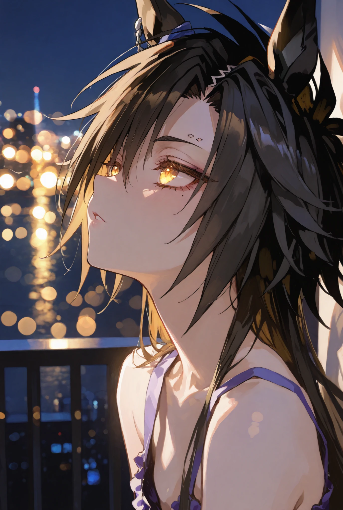 masterpiece、air shakur \(umamusume\)、A dramatic anime-style bust-up portrait of a character, framed like a cinematic photograph. The background features a stunning night cityscape with vibrant, glowing lights and soft bokeh effects, creating a dreamy and atmospheric mood. The character is lit with gentle, warm lighting from the side, casting subtle shadows to enhance the dramatic tone. The scene feels intimate and emotional, with a focus on the character's expression and the sparkling night backdrop, yabuki