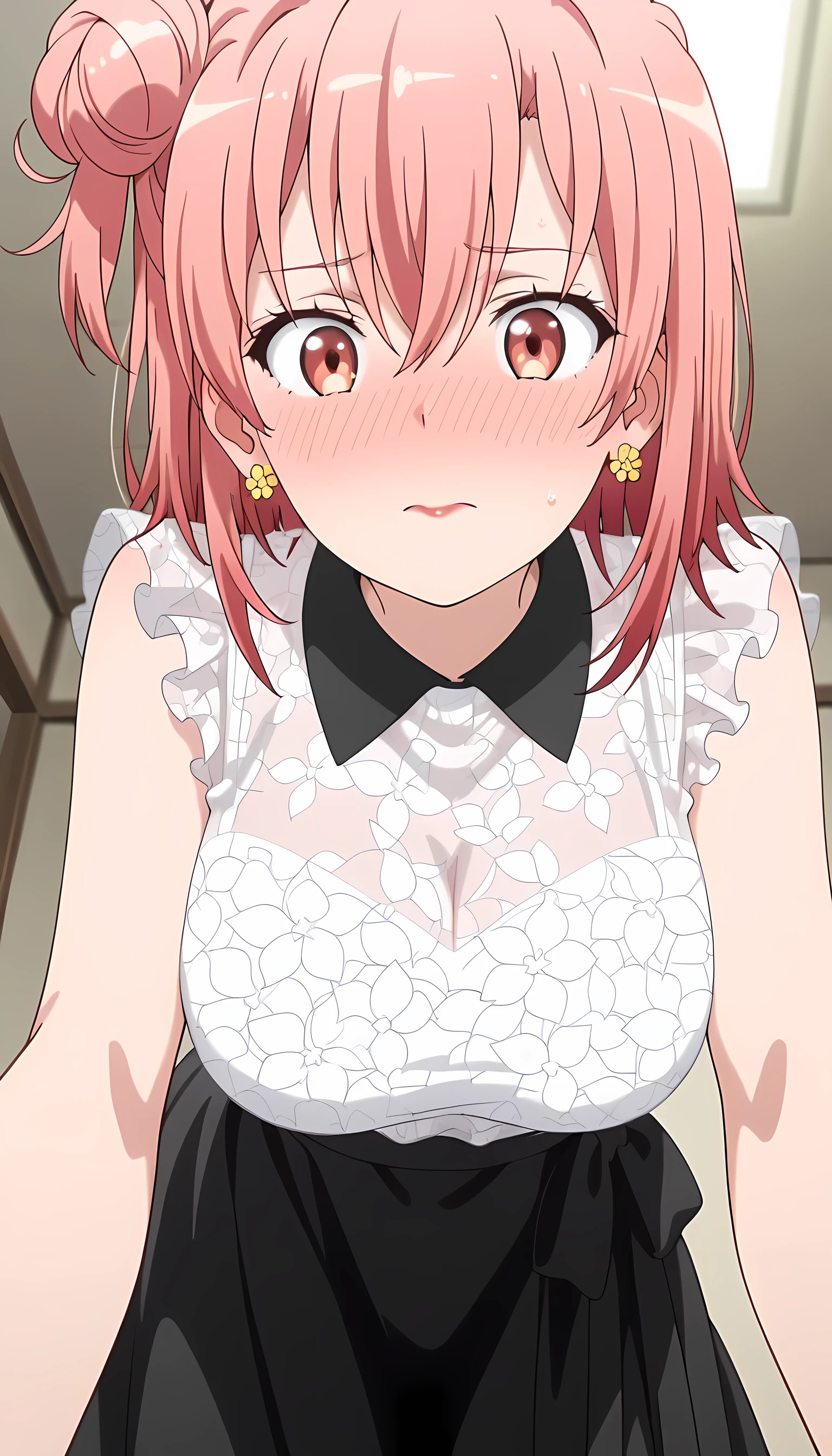 amazing quality, best quality, masterpiece, newest, highres, absurdres, anime coloring, anime screencap, 1girl,yui yuigahama,pink hair,short hair,gradient hair,hair bun,pink eyes,single side bun, very large breasts, medium hair, orange hair, single side bun, orange eyes, hair between eyes, flower earrings, red lips, YuiDress, wing collar, black collar, frilled shirt, sleeveless shirt, see-through shirt, white shirt, high-waist skirt, long skirt, black skirt, looking at viewer, (close-up), from below, blush, embarrassed, full-face blush, all fours, navel, looking down, (navel), open stomach, bottom view