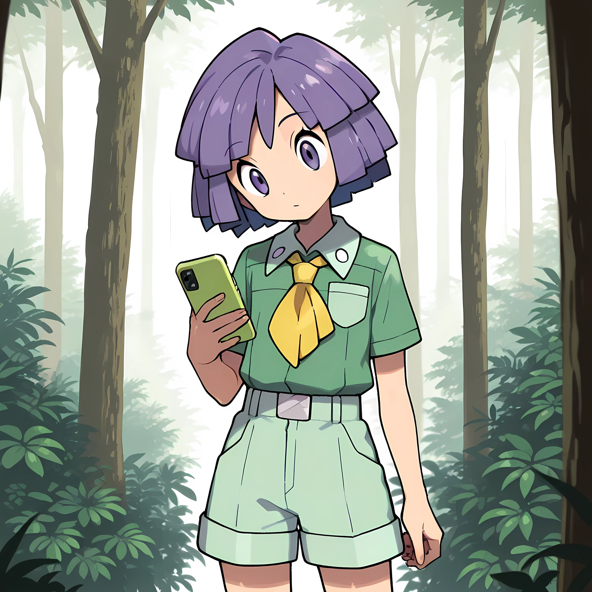 masterpiece, best quality,1boy,solo,bugsy_(pokemon),purple hair,purple eyes,Green shorts, green shirt, brown footwear, white socks, yellow neckerchief,forest,phone,light green phone,head tilt,looking at phone,cowboy shot