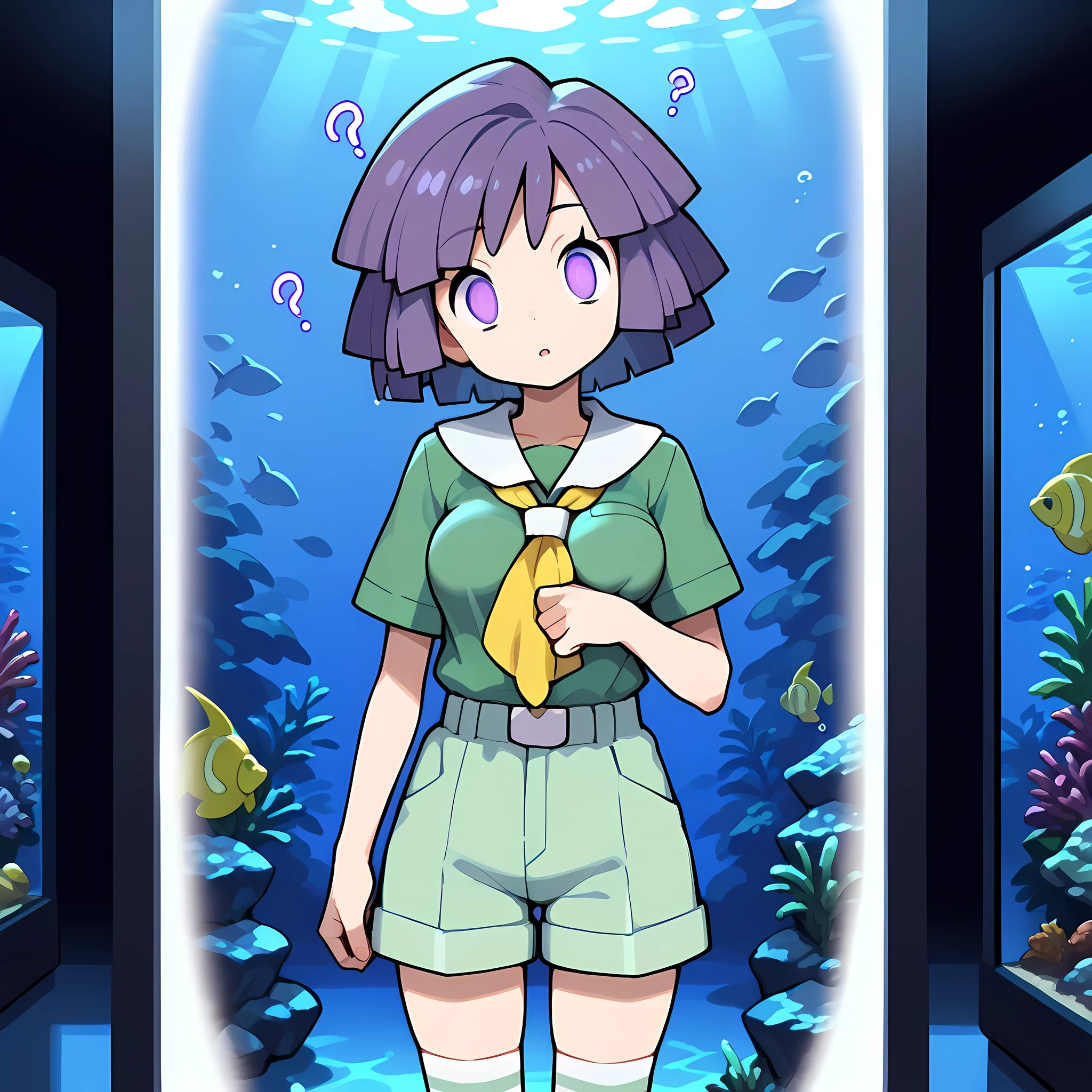 masterpiece, best quality,1boy,solo,bugsy_(pokemon),purple hair,curly hair,purple eyes,Green shorts, green shirt, brown footwear, white socks, yellow neckerchief,dark room, aquarium,large water tank,head tilt,cowboy shot,hypnosis,mind control,empty eyes,breast expansion,medium breasts,transformation,breast jiggle,curvy