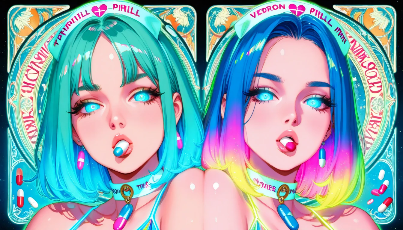 there are two women in bikinis posing for a picture, blonde girl in a cosmic dress, acid pixie, covered in slime!!, music video, y 2 k cutecore clowncore, lisa frank style, omg, profile pic, ahegao, sweaty 4 k, acid pixie acid pixie, in a lisa frank art style, slimy and hot