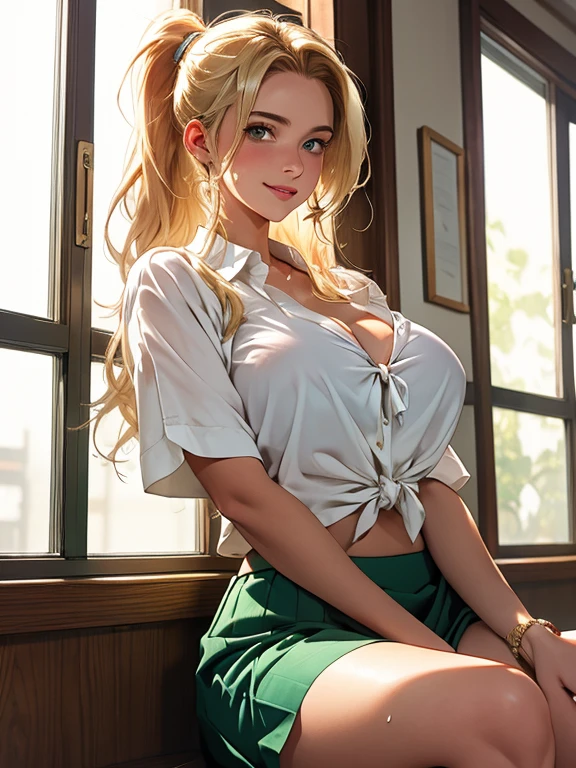 (Highest quality)), ((masterpiece)), (detailed), Natural light,Perfect Anatomy,(((A Cute High School Girl,Wearing a white open collar shirt and black skirt 1.8))),Very sexy,A young woman with a baby face,Small breasts,とてもSmall breasts,Woman squatting with knees raised,Spread your legs,
Beautiful woman,8-head body line,Small face,Beautiful Face,big, well-groomed eyes,Beautiful blue eyes,Beautiful double eyelids,Beautiful teeth alignment,Beautiful body lines,Slender body,Beautiful Hands,Beautiful legs,Long hands,Thin legs,Long legs,Long and supple hair,Shiny Hair,Beautiful blonde hair,Ponytail hair,Full Body Shot,Embarrassed expression,blush,Crying face,mouth half open,Beautiful shoulders,(Sweat),((Steam 1.4)),Embarrassed expression,blush,humiliation,((White open collar shirt 1.3)),High school uniform open collar shirt 1.8,Beautiful clavicle,Not wearing a bra,Pink panties,(((Valley 1.7))),mini skirt,White socks,Black Loafers,Red ribbon around neck,In front of the school gate,